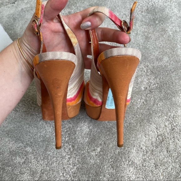 Missoni Multicolor Ikat Printed Fabric Leather Slingback Peep Toe Platform Heels - Picture 5 of 10